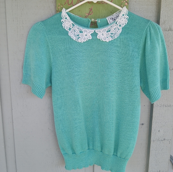 Vintage Knit Shirt With Lace Collar Womens size SP - Picture 1 of 9